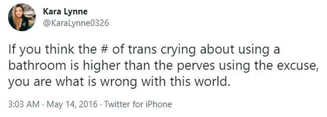 A tweet from an alleged fired employee of Limited Run Games that reads 'If you think the # of trans crying about using a bathroom is higher than the perves using the excuse, you are what is wrong with this world.'