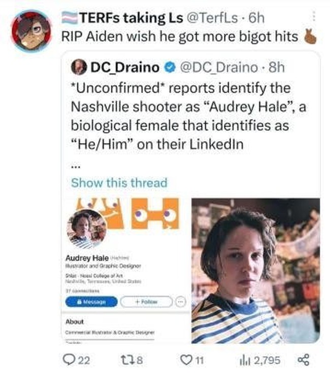 A tweet from TerfLs saying 'RIP Aiden' and wishing the shooter had killed more